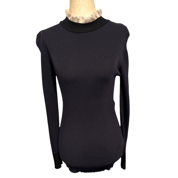 Sandro Paris Navy Blue Ribbed Ruffle Turtleneck - Picture 1 of 4